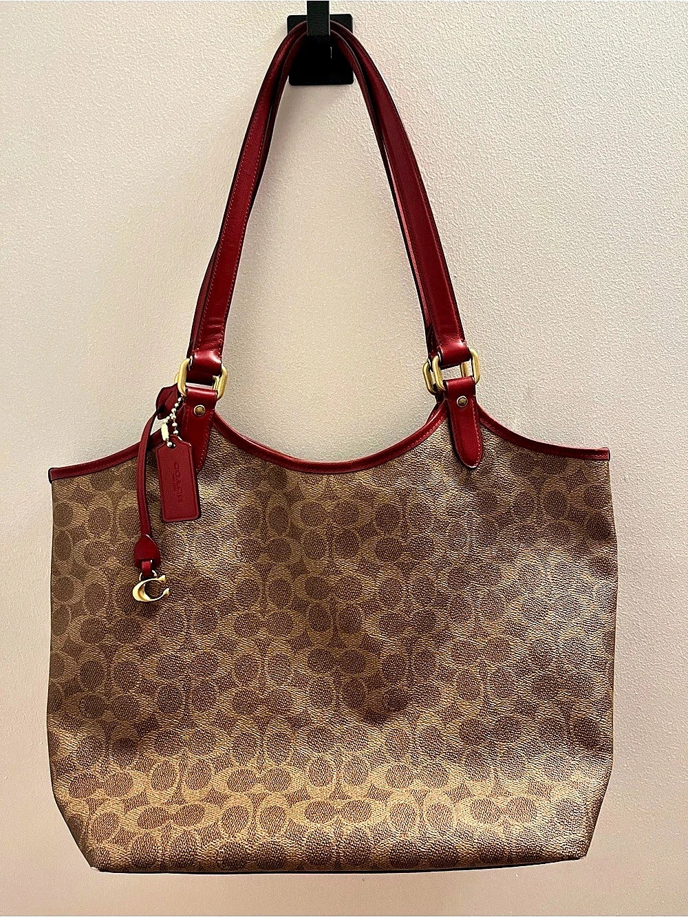 Coach City Tote In Signature Canvas Brown & Red